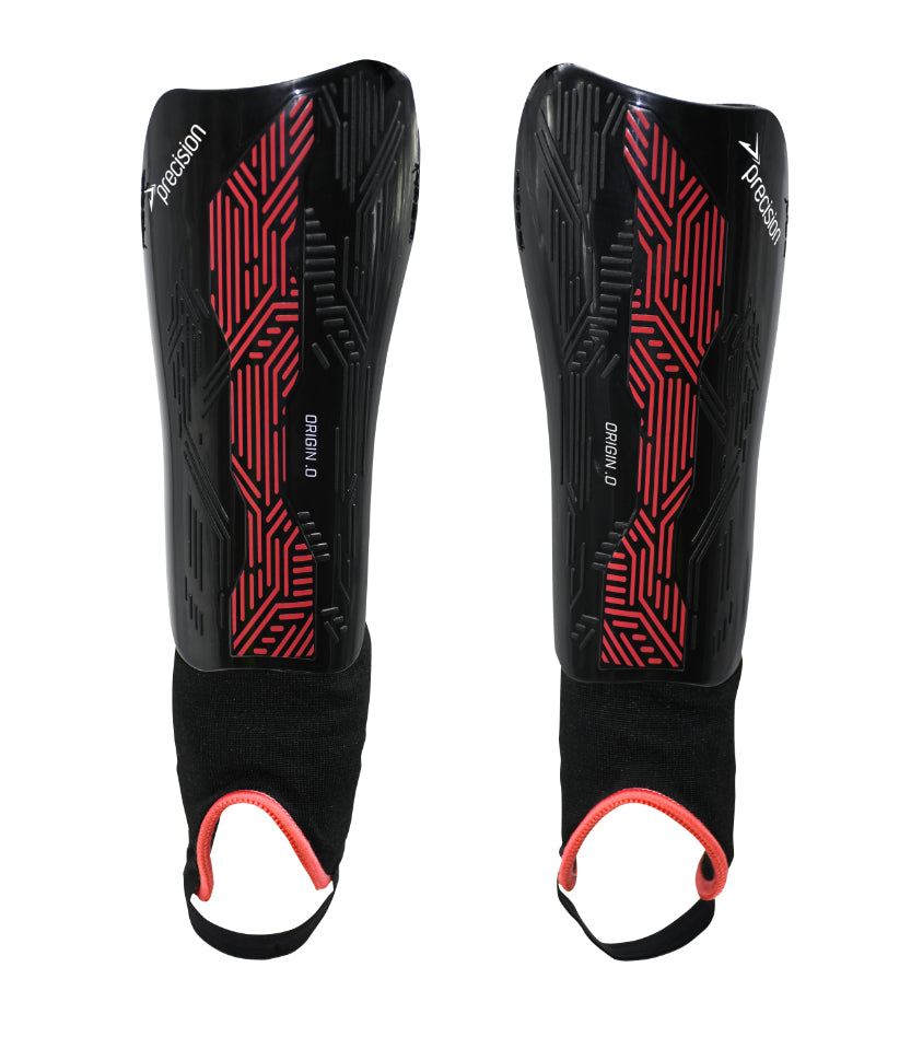 Precision Origin.0 shin and ankle guards, black with padding and straps, designed for sports protection.