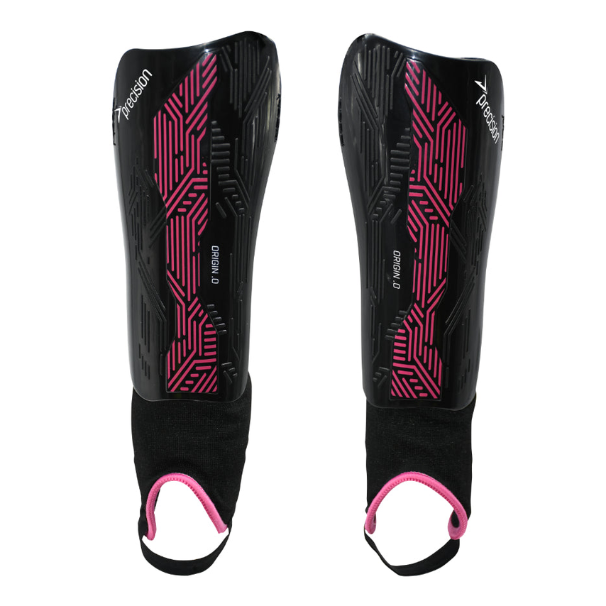 Precision Origin.0 shin and ankle guards in black, designed for sports protection, with adjustable straps and padded support.
