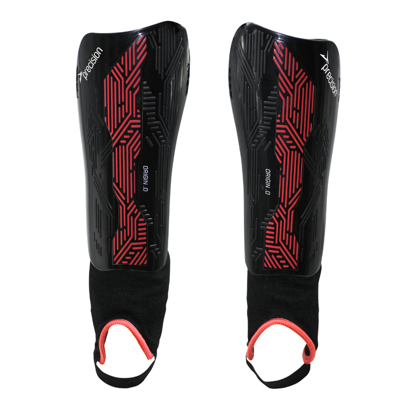 Pair of Precision Origin.0 shin and ankle guards for sports, featuring black and gray padding and adjustable straps for secure fit.