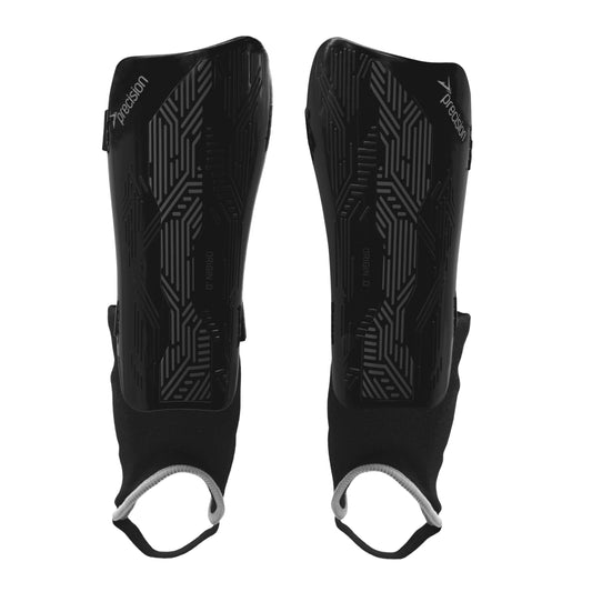Pair of Precision Origin.0 Shin and Ankle Guards for sports, featuring breathable fabric and adjustable straps for a secure fit.