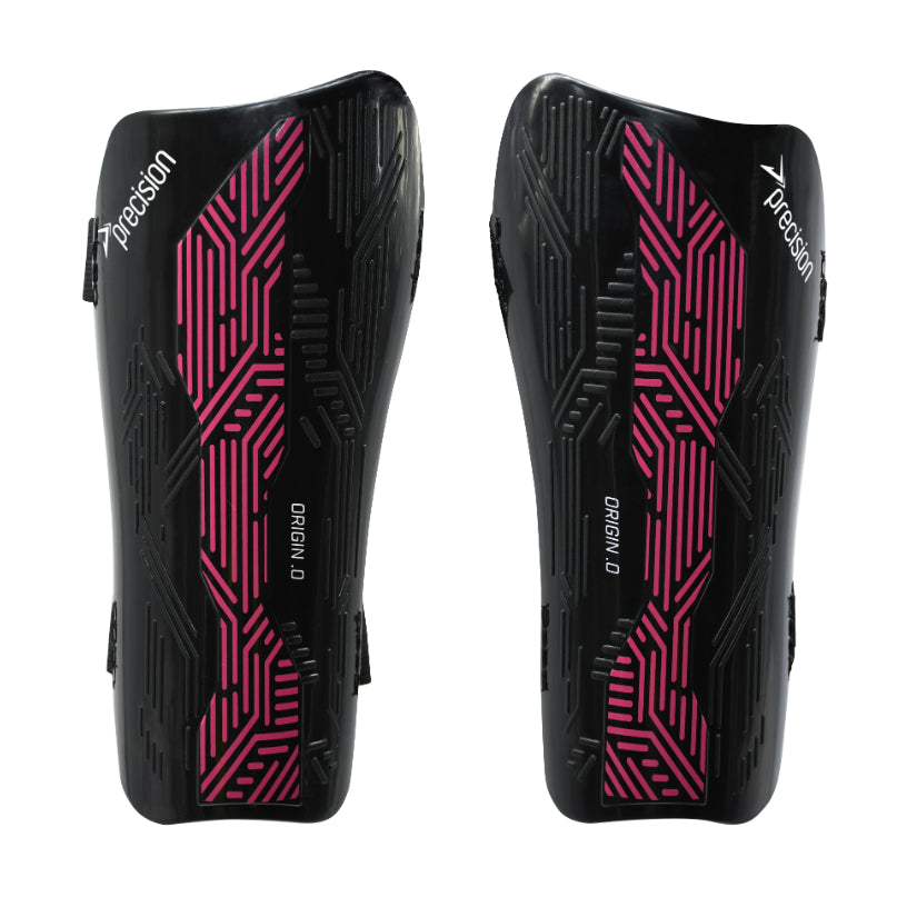Precision Origin.0 strap shin guards for sports, featuring adjustable straps and padded protection for enhanced athlete safety.