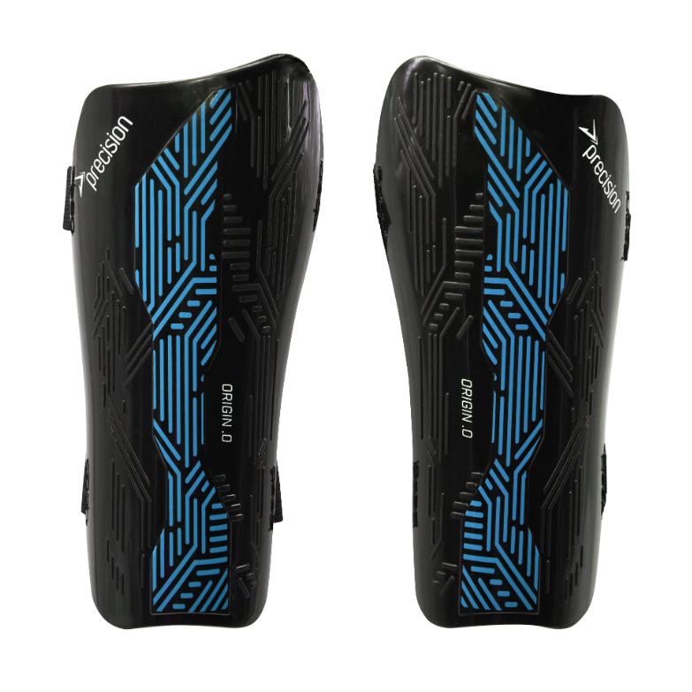Precision Origin.0 Strap Shin Guards for sports, featuring adjustable straps and durable padding for protection during play.