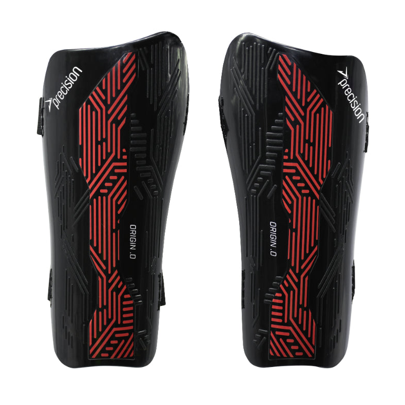 Precision Origin.0 strap shin guards for sports, featuring padded design and adjustable straps for secure fit and protection.