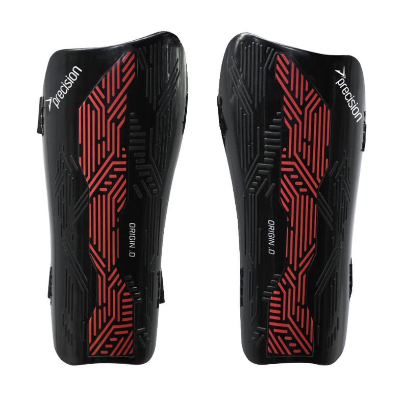 Precision Origin.0 strap shin guards for sporting goods, lightweight protective gear with adjustable straps and durable padding.