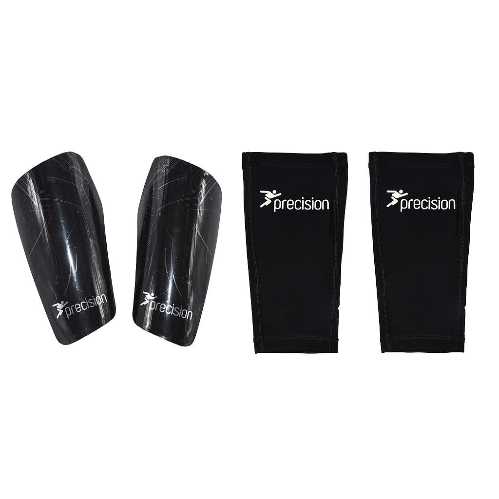 Precision Pro Matrix Shinguards for sporting goods, showing black protective shin guards with adjustable straps.
