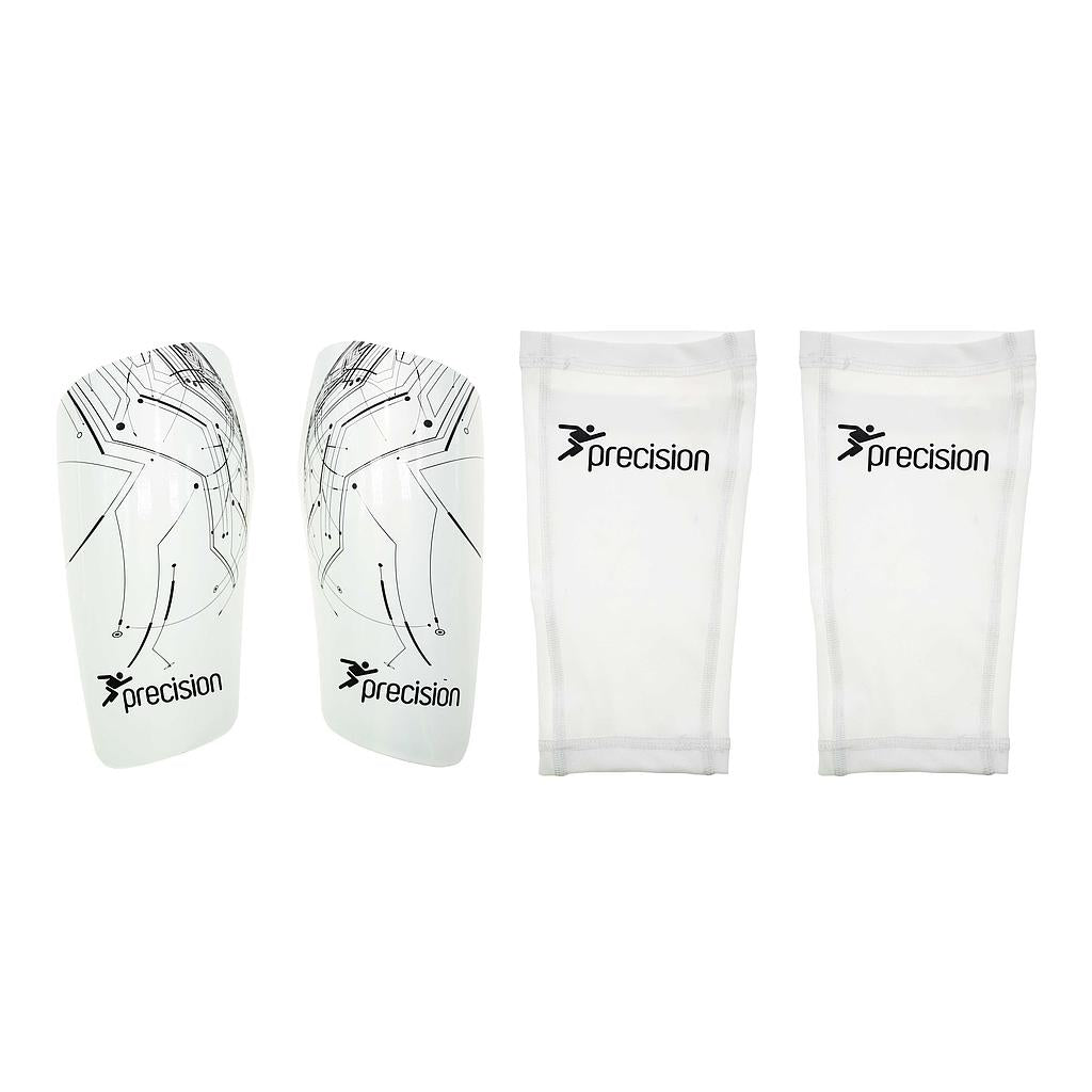 Precision Pro Matrix shinguards for sporting goods, showing black and white padded shin protectors with adjustable straps.