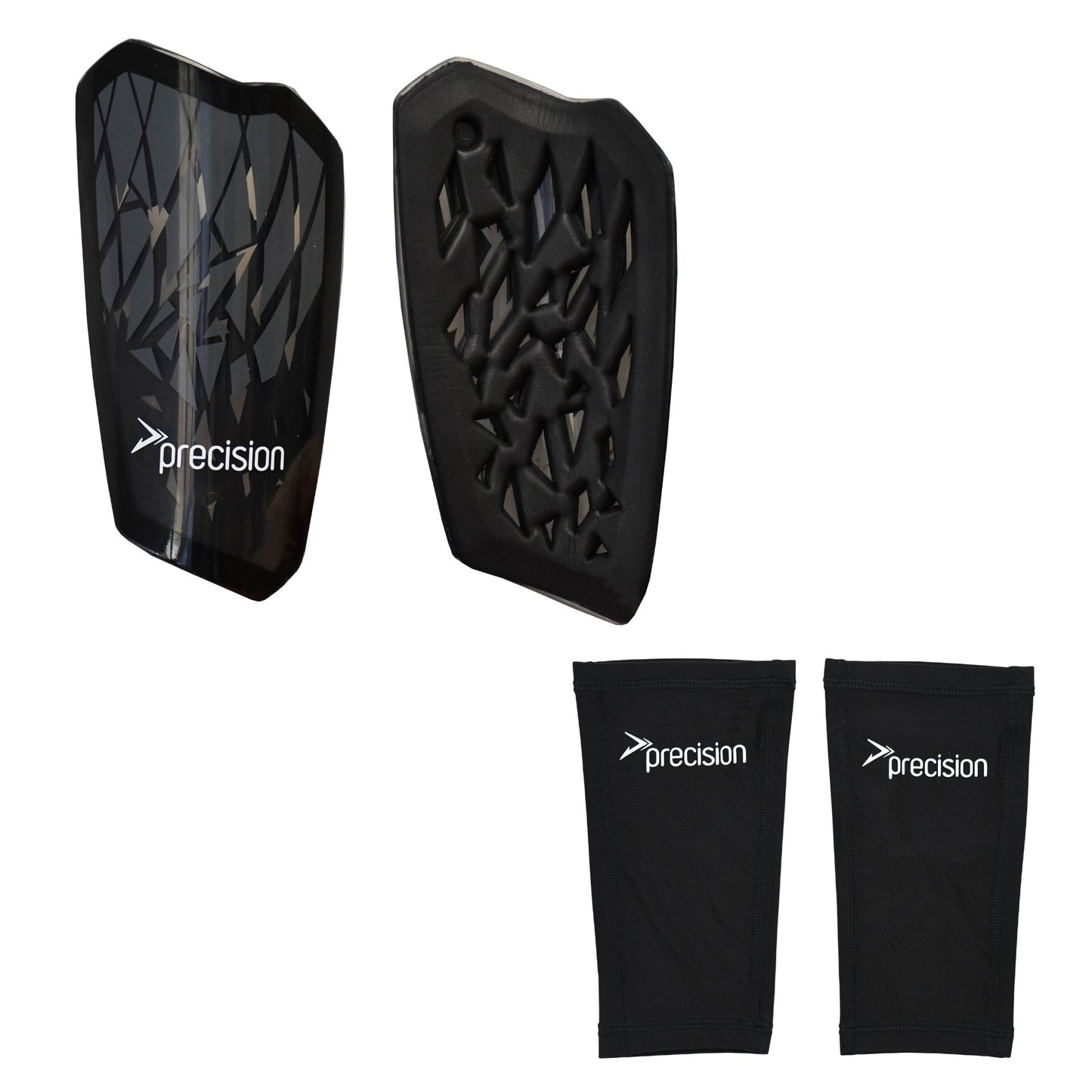 Precision Pro Fusion Flex Shin Guards for sports, featuring lightweight protection and adjustable straps for a secure fit.