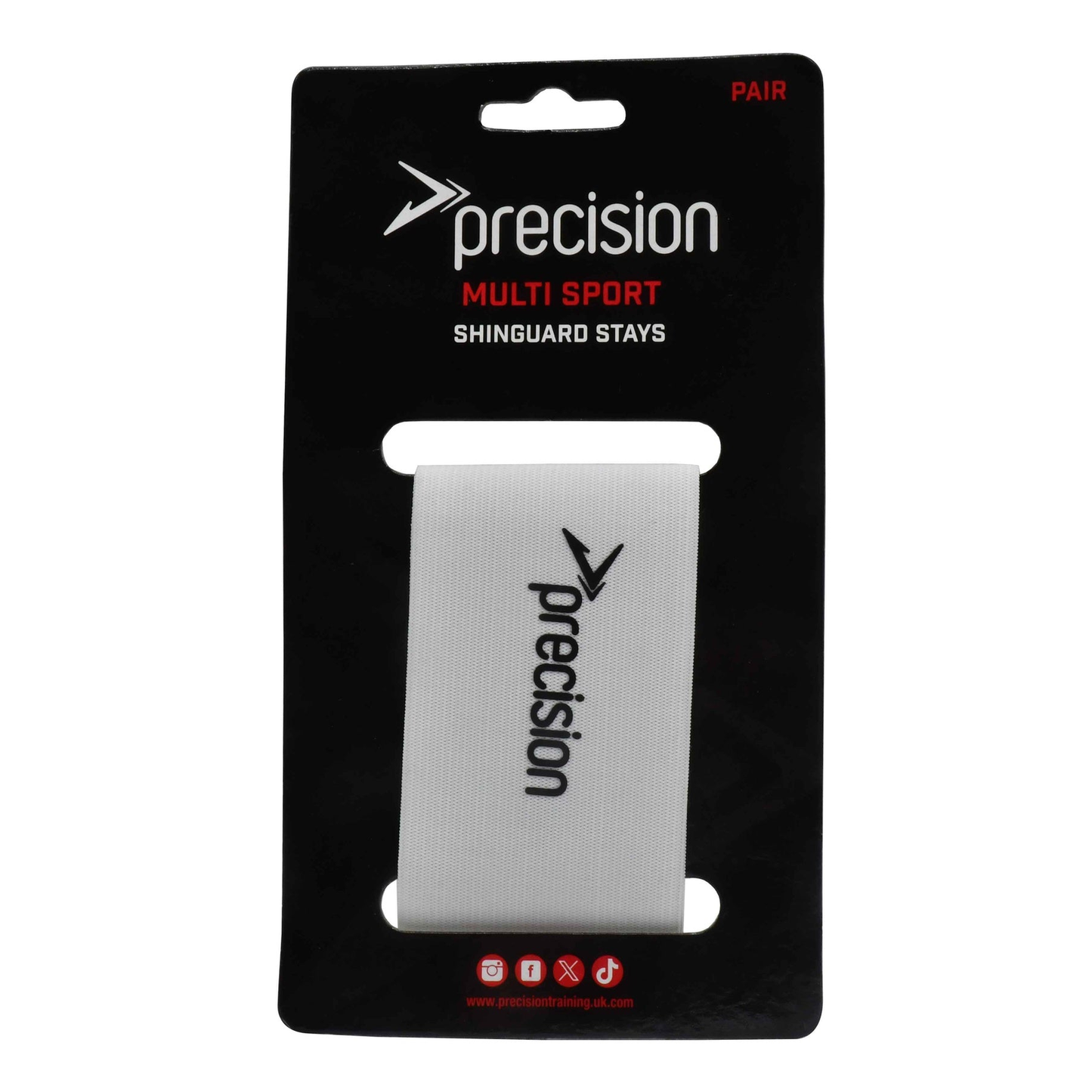 Precision Shin Guard Stays for sporting goods, shown in a close-up image with padded straps and adjustable fit.