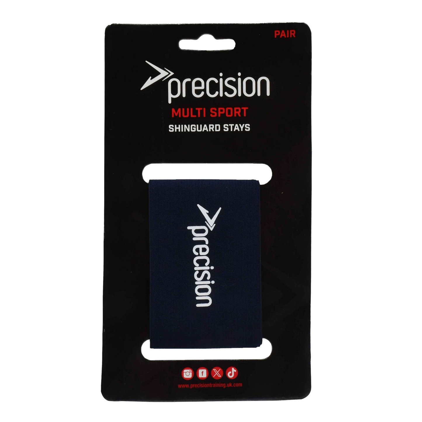 Precision Shin Guard Stays for sporting goods, shown in a close-up image with padded straps and adjustable fittings.