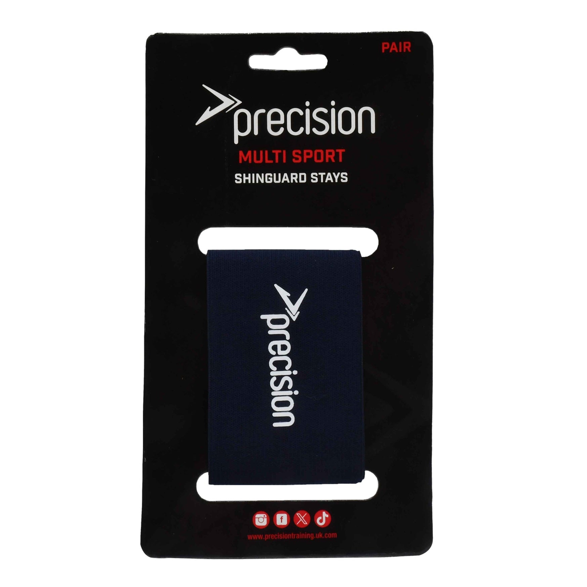 Precision Shin Guard Stays for sporting goods, shown in a close-up image with padded straps and adjustable fittings.