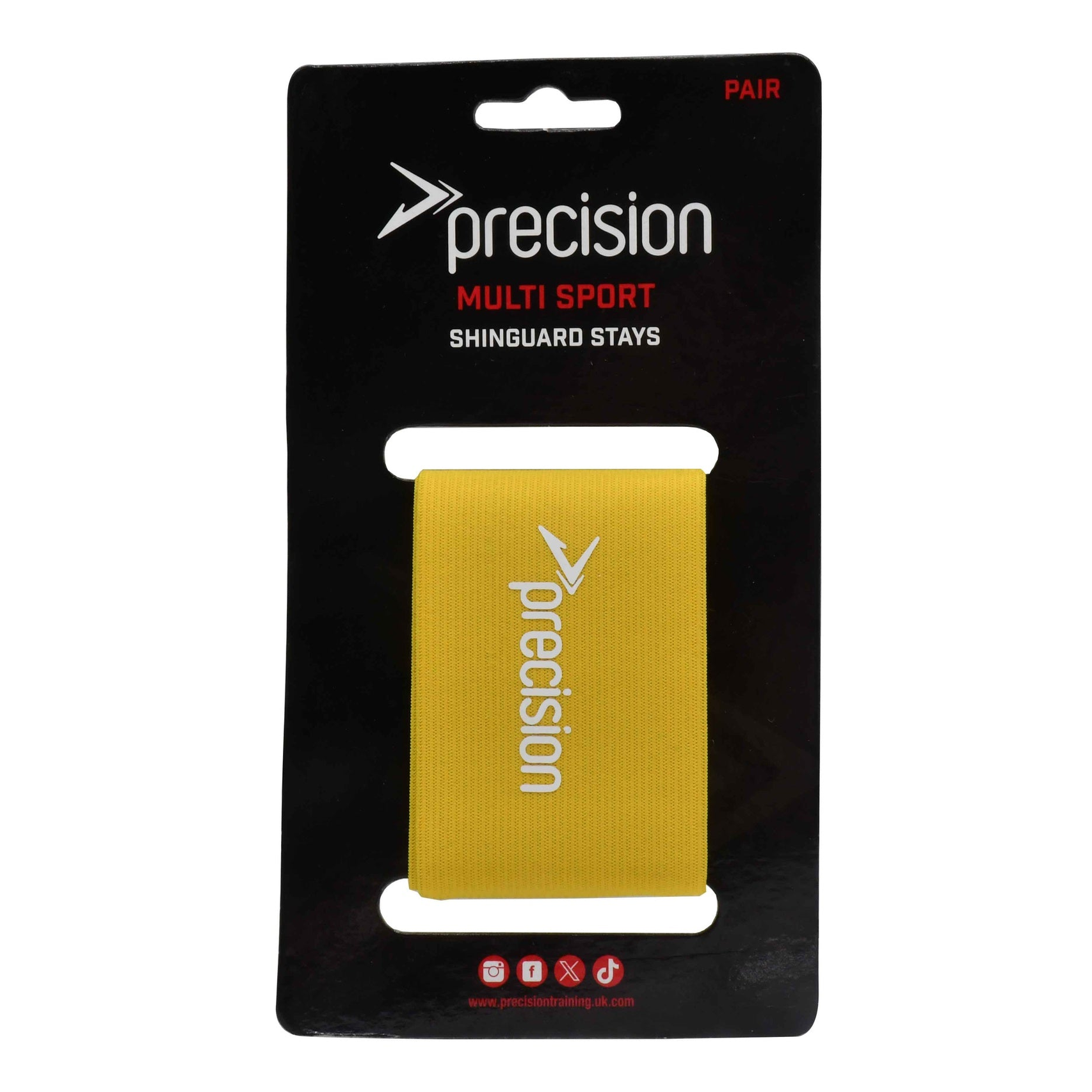 Pair of Precision Shin Guard Stays for sports, showing adjustable straps and cushioned interior for secure fit and protection.