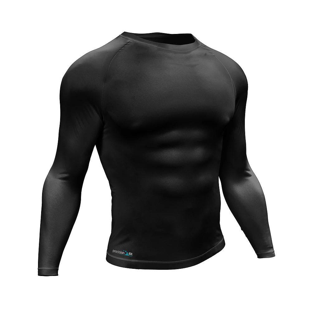 Adult Precision Essential Baselayer long sleeve shirt for sports, made of moisture-wicking fabric, in black with a fitted design.