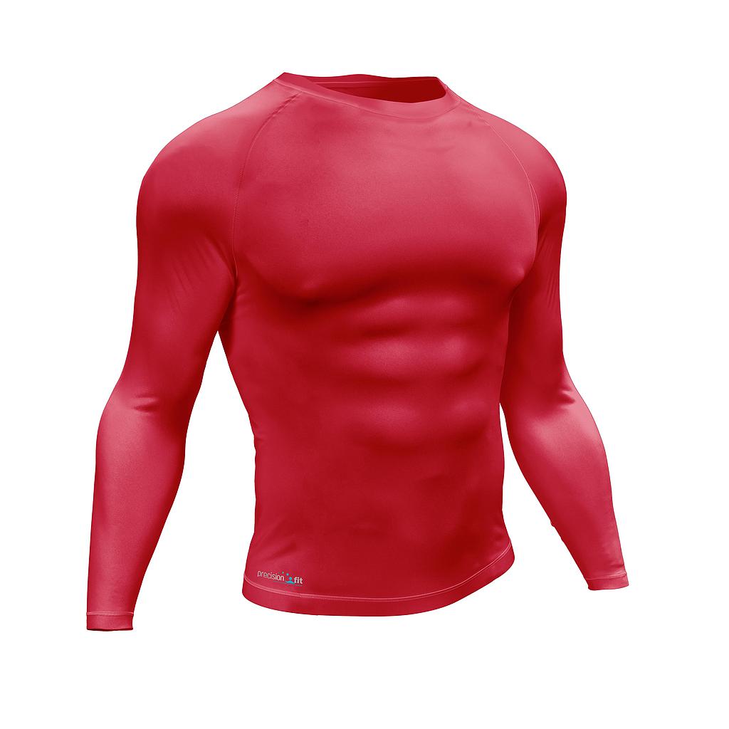 Adult Precision Essential Baselayer long sleeve shirt, close-up of black moisture-wicking fabric with brand logo, ideal for sporting activities.