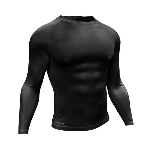 Adult Precision Essential Baselayer long sleeve shirt in black, designed for sporting and outdoor activities.