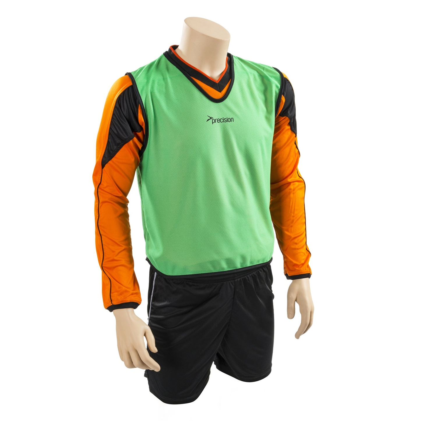 Youth and adult Precision Mesh Training Bib in bright green with black accents, featuring adjustable neck straps and breathable mesh fabric.