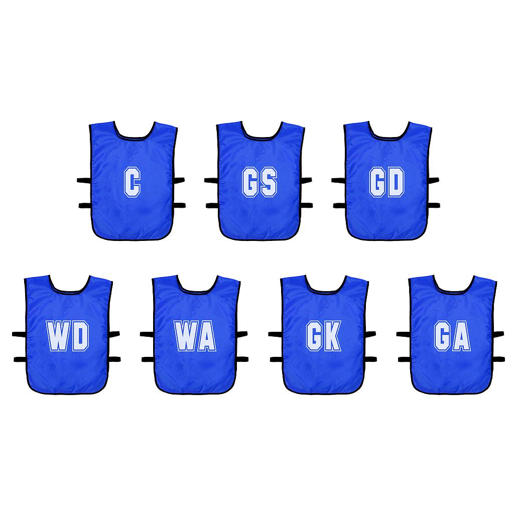 Precision Mesh Netball Training Bibs in a pack of 7, youth and adult sizes, shown in various colors for sporting goods purposes.