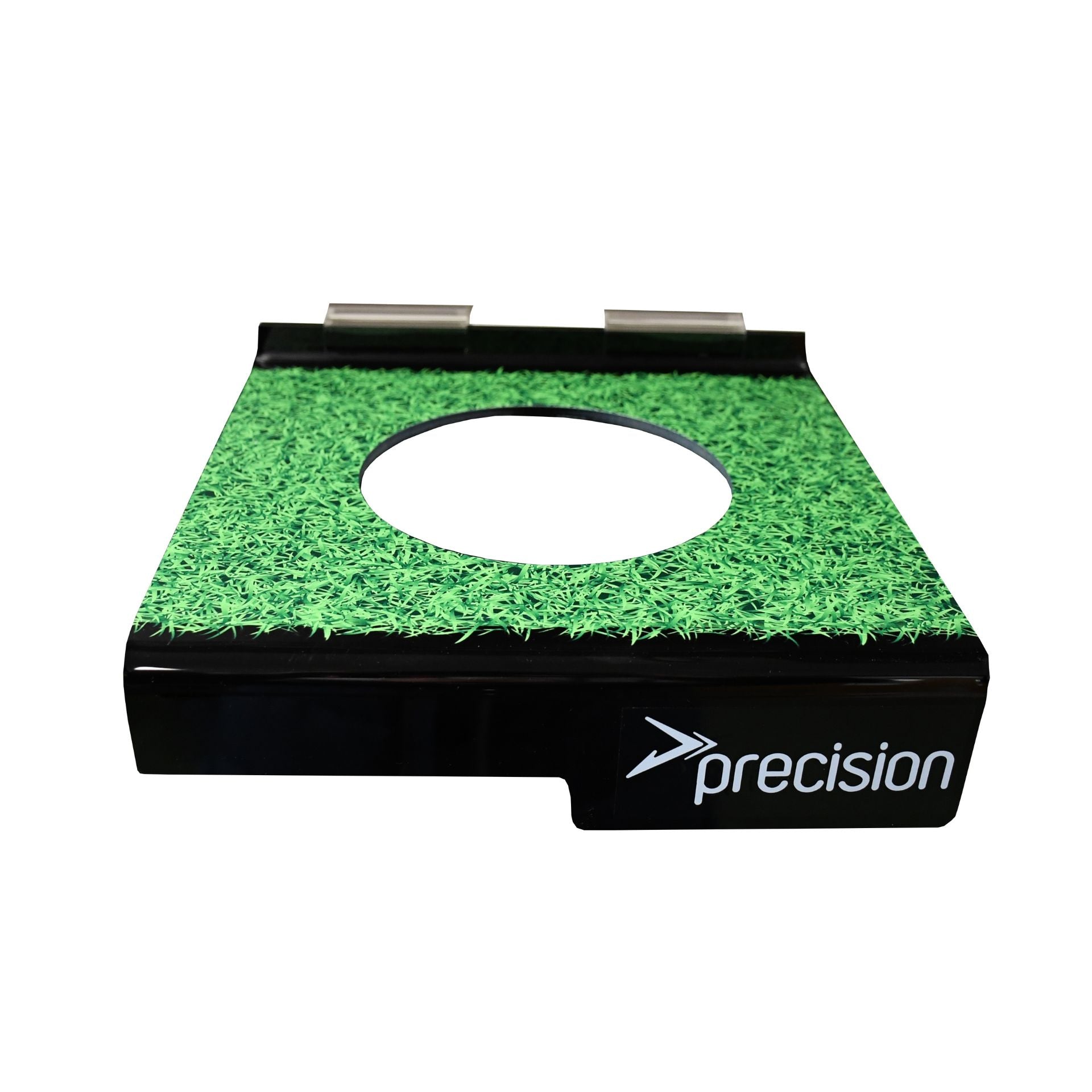 Precision Slatwall football holder display for sporting goods, showing a sleek black football holder mounted on slatwall.