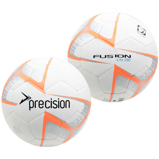 Precision Fusion Lite football with textured surface and brand logo, designed for improved grip and performance in sporting goods.