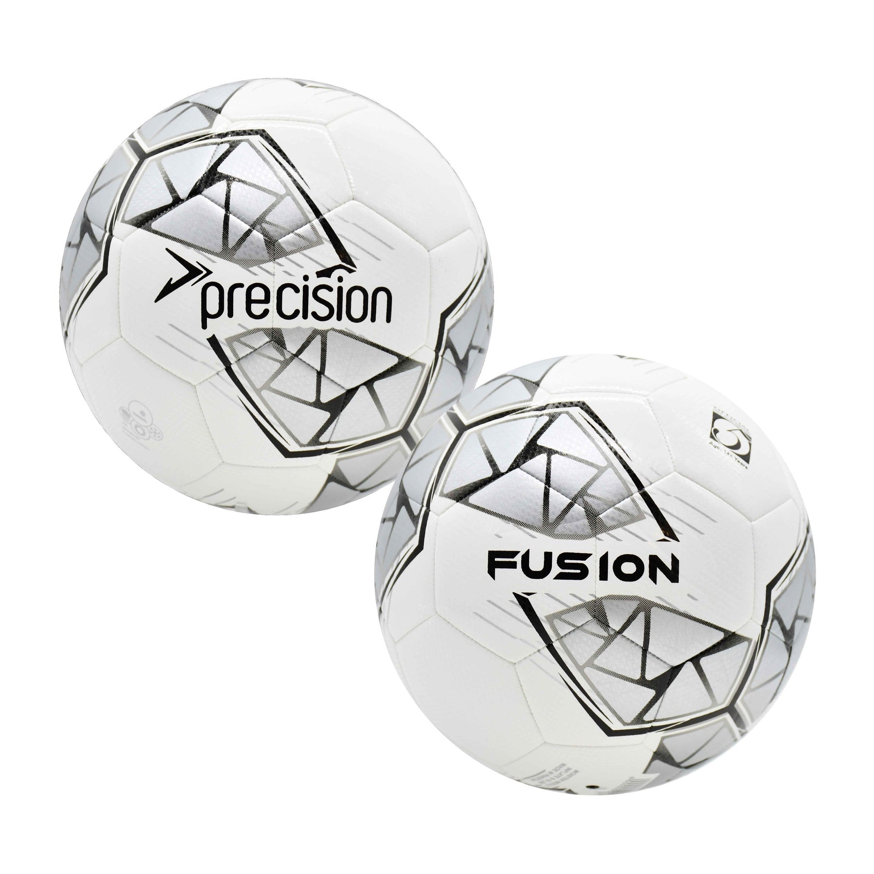 Precision Fusion FIFA Basic Training Football showing white and black design with branded logo on a plain background.