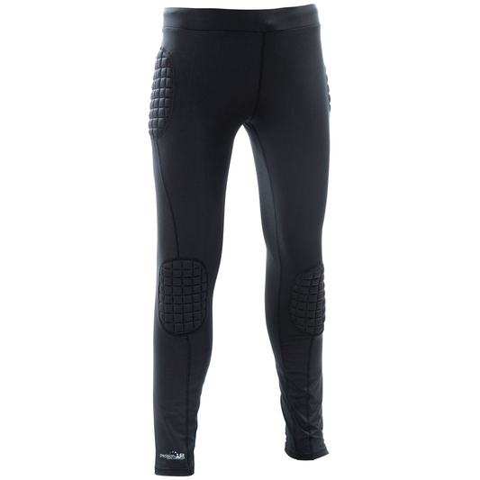 Junior Precision padded goalkeeper baselayer trousers in black with reinforced knee padding and elastic waistband for sports performance.