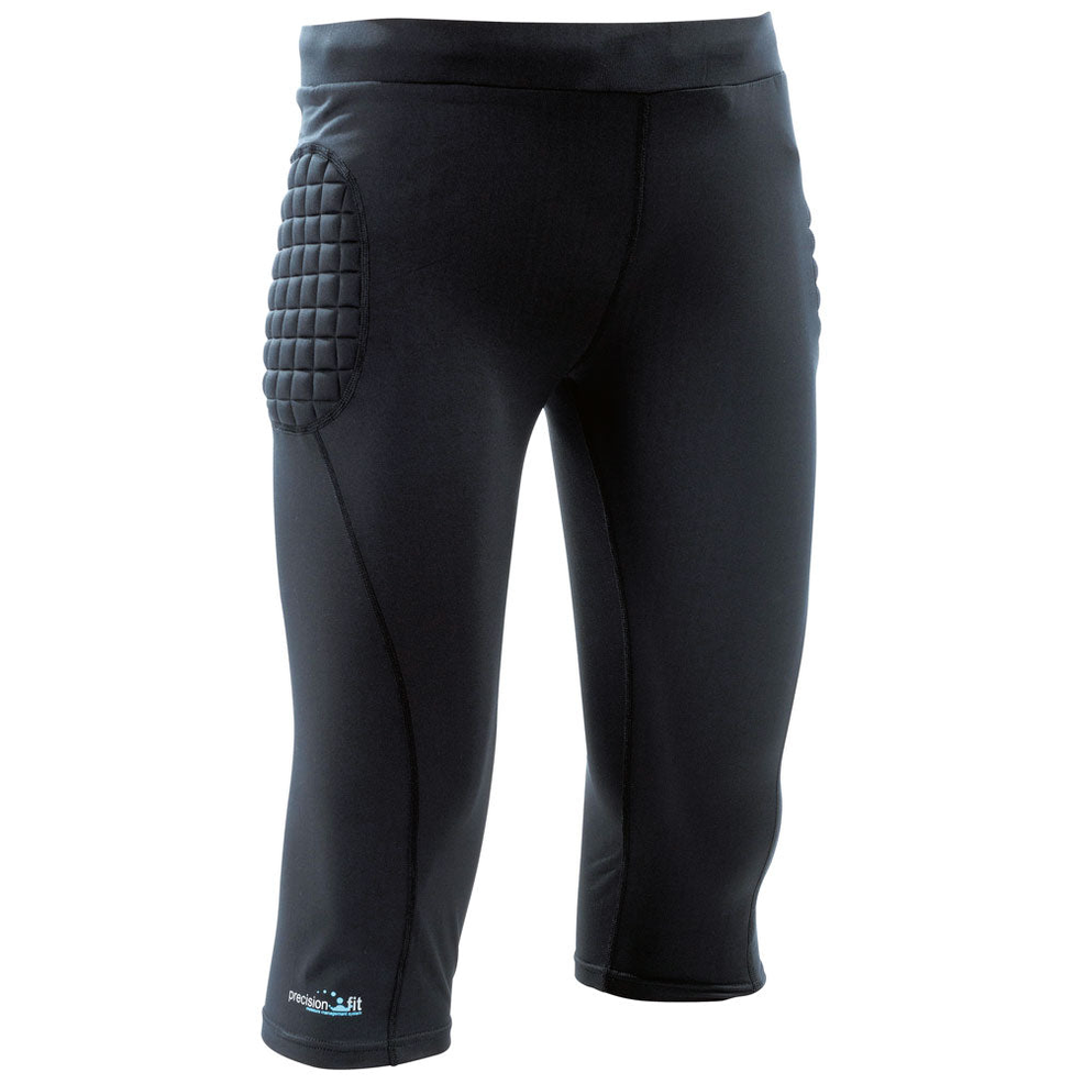 Junior Precision padded goalkeeper 3/4 pants with cushioning, black color, designed for youth soccer goalkeepers.