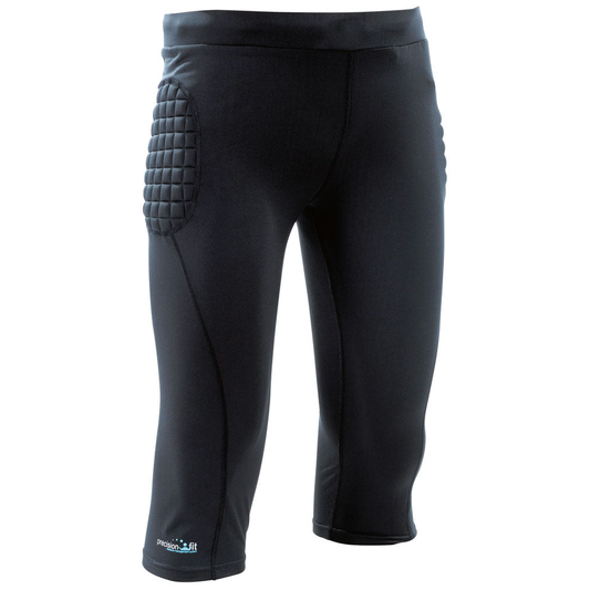 Adult Precision padded goalkeeper 3/4 pants with protective padding, designed for soccer goalkeepers, in black with branding details.