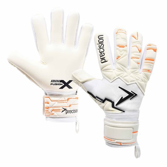 Precision Junior Fusion X Pro Negative Contact Duo GK gloves for sports, showing black and blue synthetic material and grip palms.