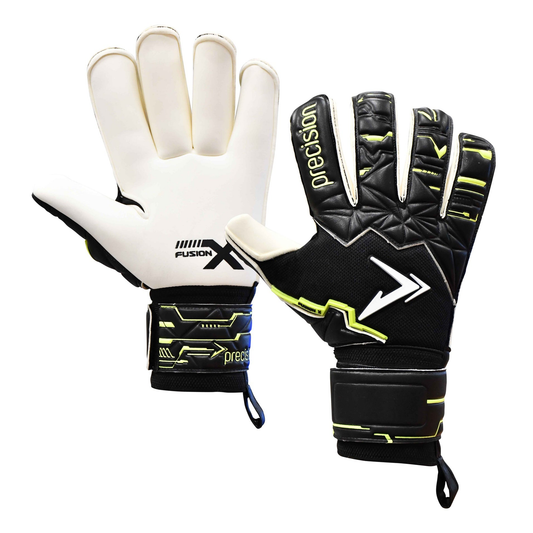Precision Junior Fusion X Pro Rollfinger goalkeeper gloves with padded palms and adjustable wrist straps for youth soccer.