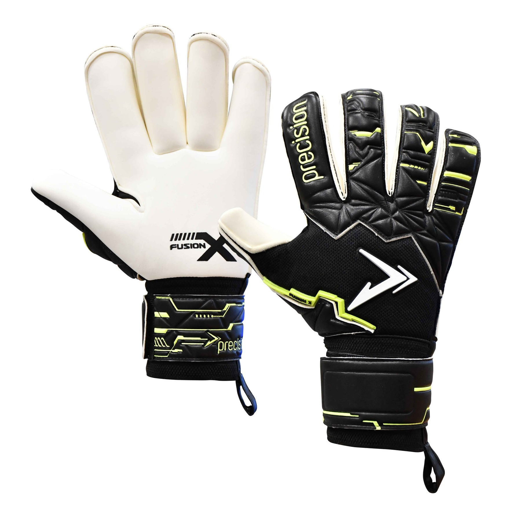 Precision Fusion X Pro Rollfinger Giga GK gloves for soccer goalkeepers, featuring durable materials and a comfortable fit.