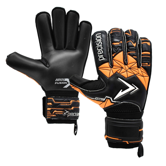 Precision Junior Fusion X Roll Finger Protect GK gloves for soccer, showing the black and white goalkeeper glove with padding