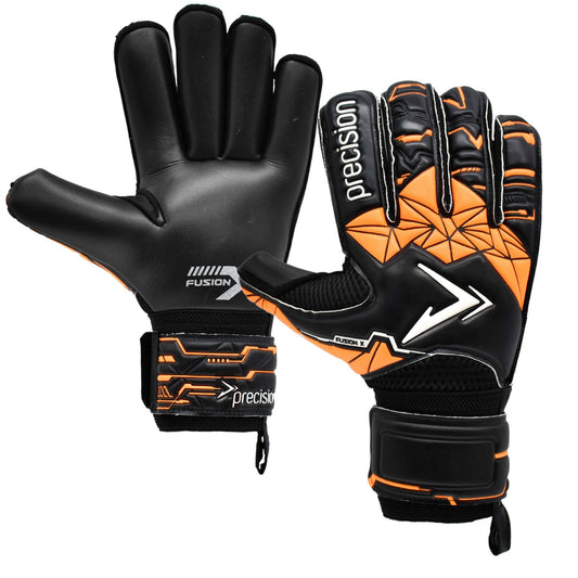 Precision Fusion X Roll Finger goalkeeper gloves with reinforced palms and adjustable wrist strap for enhanced grip and protection.