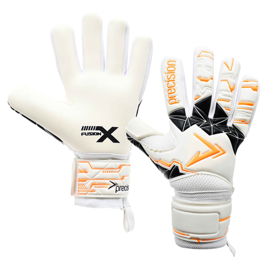 Precision Junior Fusion X Negative Replica goalkeeper gloves with black and white design, featuring textured palms and adjustable wrist straps.