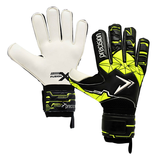 Precision Junior Fusion X Flat Cut Finger Protect GK gloves for sports, showing the protective finger guards and sleek design.