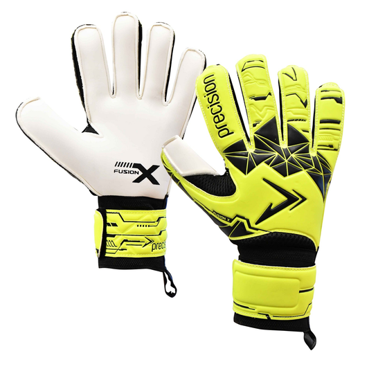 Precision Junior Fusion X flat cut goalkeeper gloves with padded palms and adjustable wrist strap, designed for youth soccer players.