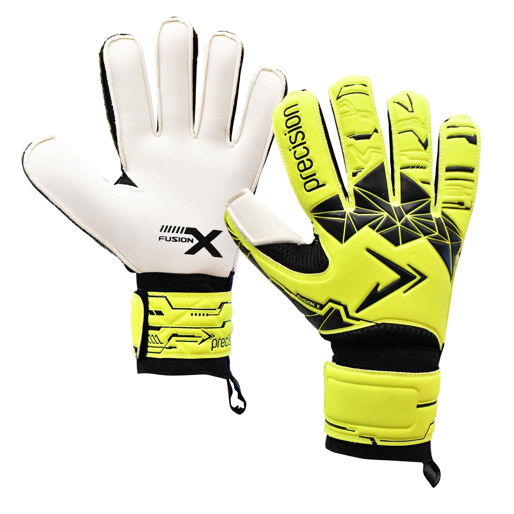 Precision Fusion X Flat Cut Essential GK Gloves, sporting goods, close-up of black goalkeeper gloves with textured palms and branding.