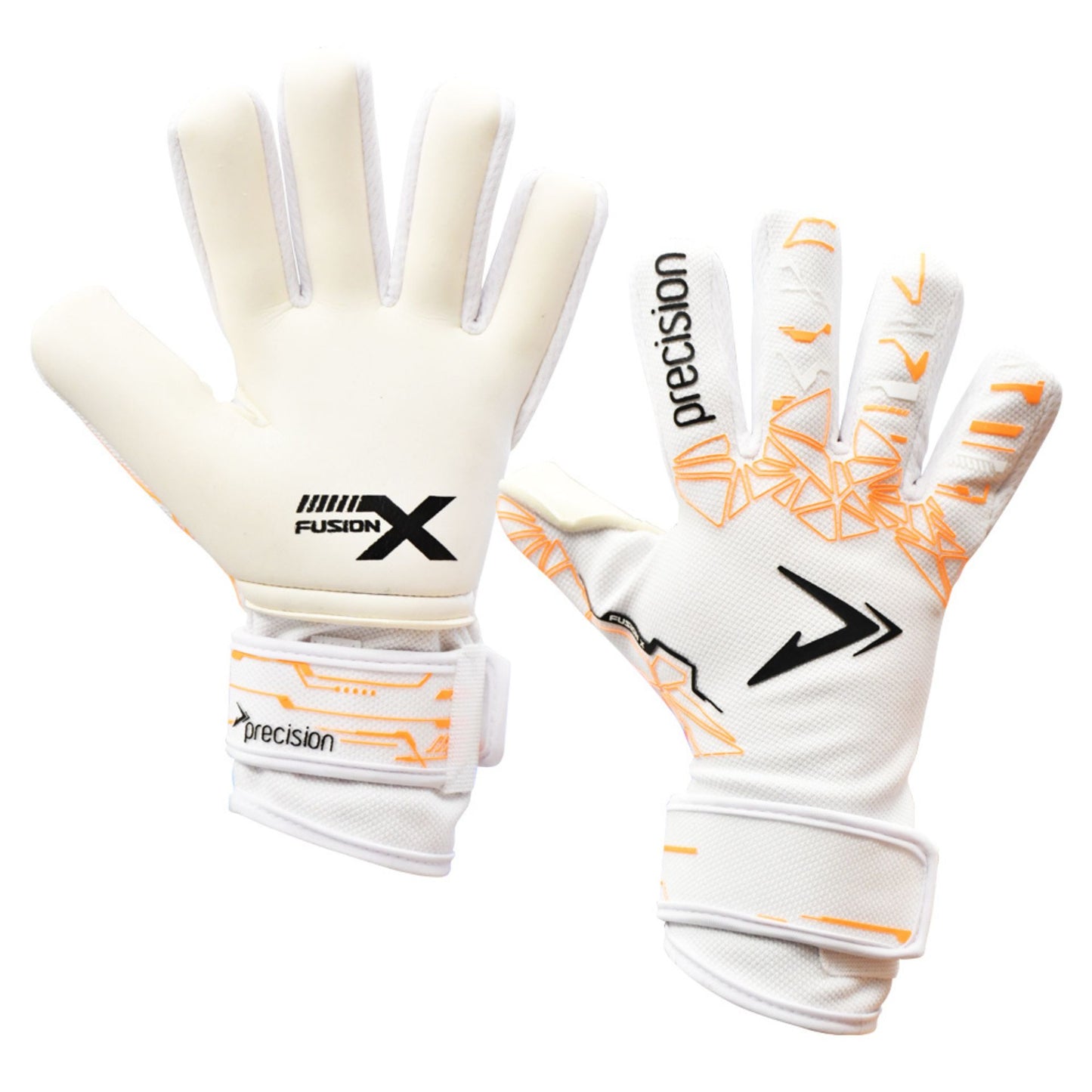 Precision Junior Fusion X Pro Lite Giga GK gloves, lightweight sports goalkeeper gloves with grip and padding, black and neon green design.