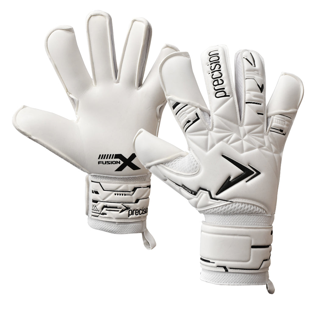 Precision Fusion X Pro goalkeeper gloves with hybrid cut Giga latex, featuring black and neon green accents for enhanced grip and durability.