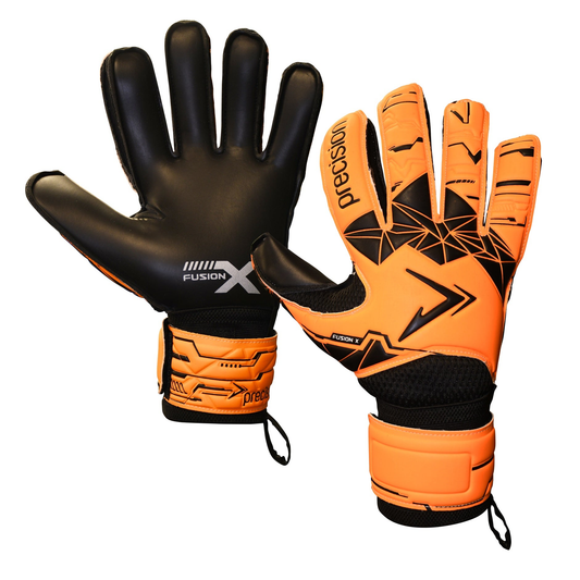 Precision Fusion X Flat Cut Essential GK gloves for soccer, featuring a sleek design and durable materials for goalkeeping.