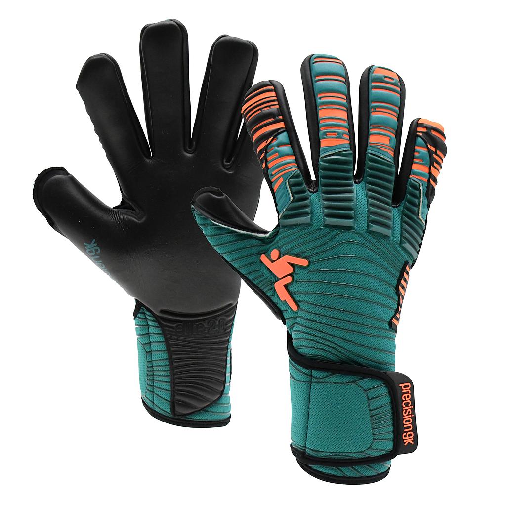 Precision Elite 2.0 Contact goalkeeper gloves with black and white design, featuring textured palms and secure wrist straps.