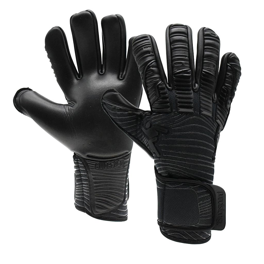 Black Precision Elite 2.0 Blackout GK sports gloves with padded palms and adjustable straps, designed for comfort and performance in sporting goods.