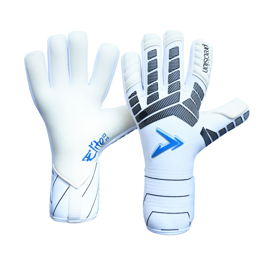 Precision Elite 3.0 Contact Junior goalkeeper gloves with grip palms and secure wrist straps, designed for young soccer players.