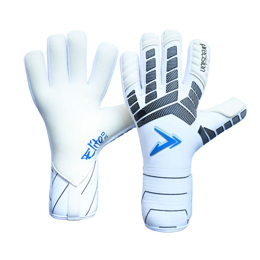 Precision Elite 3.0 Contact Junior goalkeeper gloves with blue and black design, padded palms, and adjustable wrist straps.