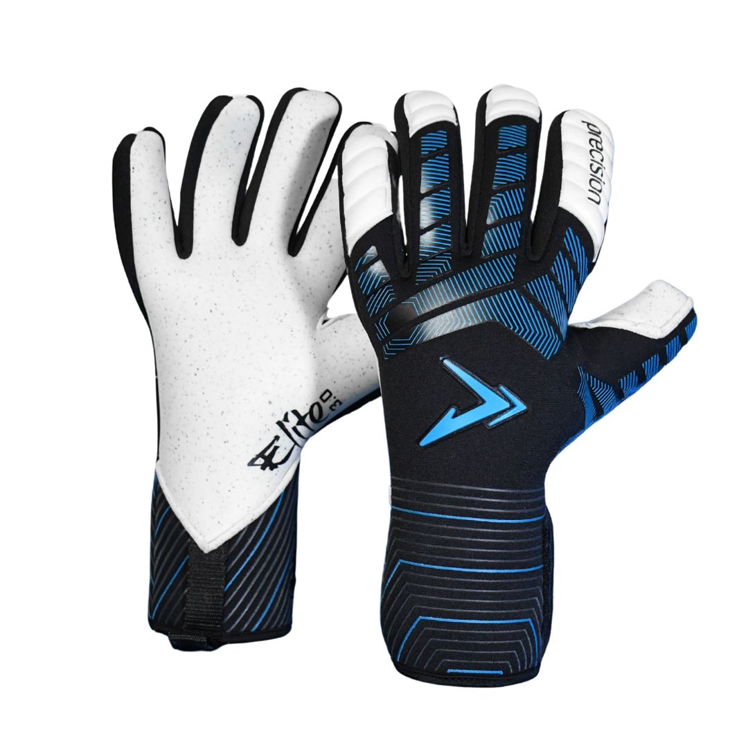 Precision Elite 3.0 Quartz Junior goalkeeper gloves with padded palms and adjustable wrist straps for youth soccer players.