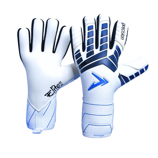 Precision Elite 3.0 Giga Junior Goalkeeper Gloves, black and green, with padded palms and adjustable wrist straps for young soccer players.