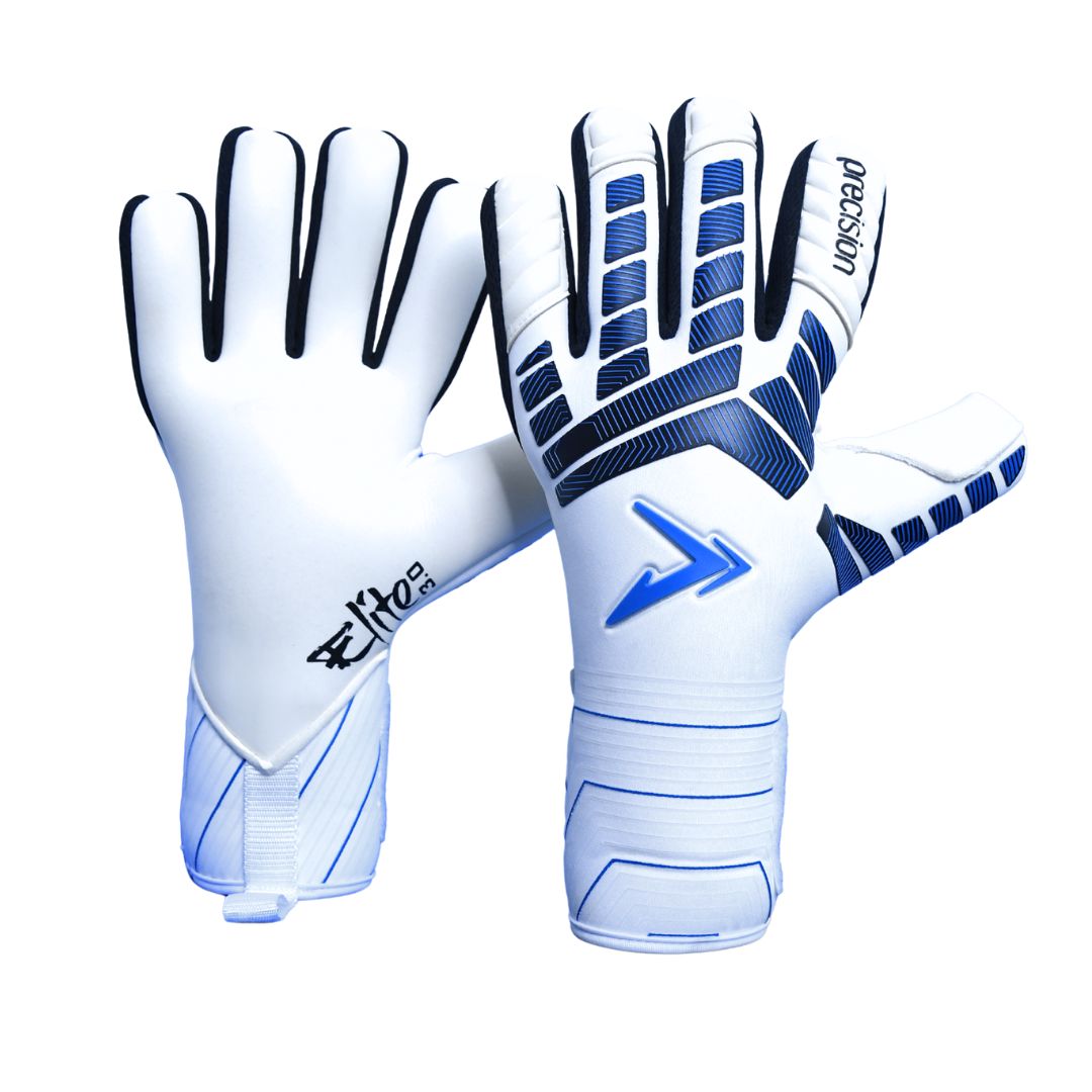 Precision Elite 3.0 Giga Junior goalkeeper gloves with padded palms and adjustable wrist straps for youth soccer players.