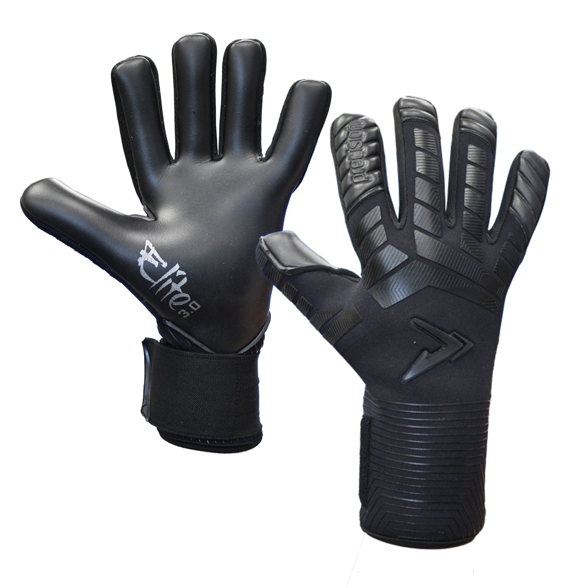 Precision Elite 3.0 Blackout Contact goalkeeper gloves with black palms and white accents, designed for soccer goalkeeping.