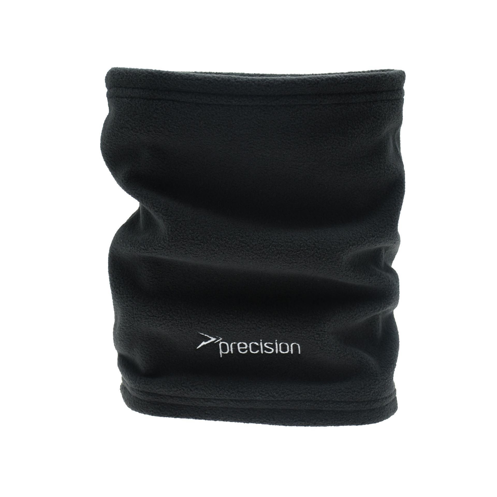 Precision Essential Neck Warmer for sports, shown in black, made of soft, stretchy fabric, designed to keep neck warm during outdoor activities.