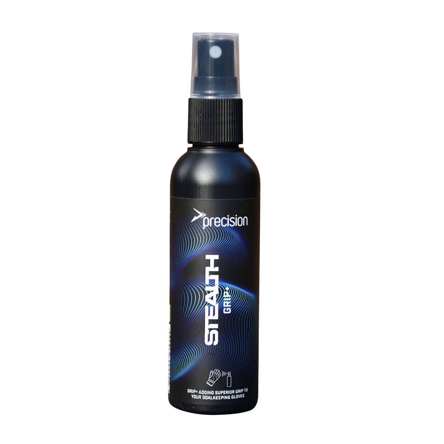 Precision Stealth Grip+ goalkeeper glove spray bottle for sports, designed to improve grip and maintain goalkeeper gloves.