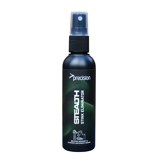 Precision Stealth Stink Eliminator spray for sports gear, showing a sleek bottle with a spray nozzle and sports equipment in the background.