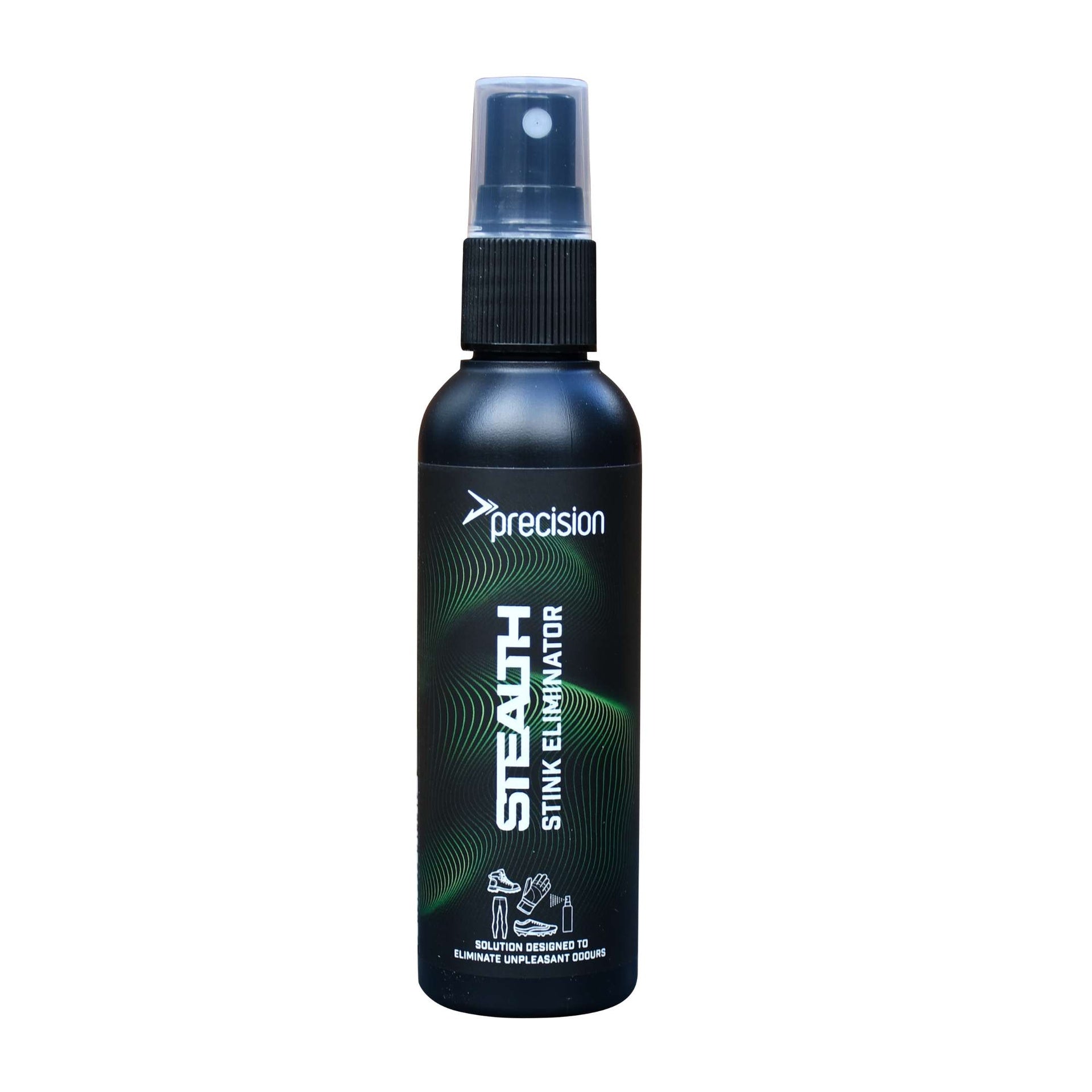 Precision Stealth Stink Eliminator spray for sports gear, showing the bottle with spray nozzle and sports equipment in the background.